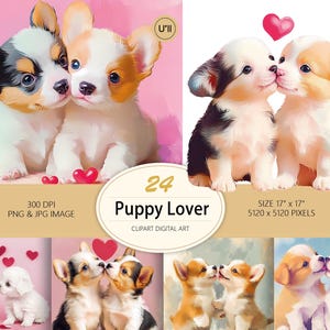 24 PNG et JPG Valentine's Day Dog Illustration–10 Cute Kissing Puppy Designs–Perfect for Cards, Gifts,and Decor–Pink,Heart Patterns Included