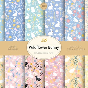 30 Motifs Seamless Lapins et Fleurs Sauvages-Designs Adorables pour Enfants,Papiers Peints,Tissus, Décorations Printanières et de Pâques