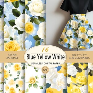 Peut inclure: Un ensemble de 16 papiers numériques avec des motifs sans couture de roses bleues, jaunes et blanches. Les papiers mesurent 43 cm x 43 cm et 300 DPI.