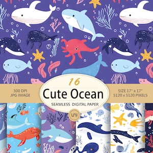 Peut inclure: Ensemble de papiers numériques avec un motif répétitif de baleines, dauphins et créatures marines de dessin animé en bleu, rouge et blanc sur fond violet. L'ensemble comprend 16 papiers numériques sans couture, chacun de 43 x 43 cm.