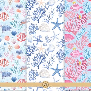 Peut inclure: Trois motifs sans couture représentant des illustrations d'animaux marins à l'aquarelle. Le premier motif est bleu et représente des tortues de mer, des coraux et des coquillages. Le deuxième motif est blanc et représente des coraux bleus, des étoiles de mer et des coquillages. Le troisième motif est bleu et représente des coraux roses, des étoiles de mer et des poissons.