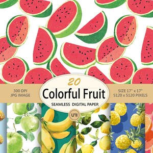 Peut inclure: Papier numérique avec des illustrations à l'aquarelle de tranches de pastèque rouges et vertes. L'image comprend une bannière avec le texte "20 Colorful Fruit" et les dimensions du papier, 43 cm x 43 cm.