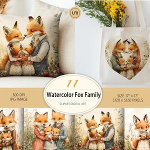 11 300DPI Illustrations Famille de Renards Aquarelle -Animaux Mignons de la Forêt pour Fête des Mères, Pères,Art Mural Bébé & Cartes de Vœux