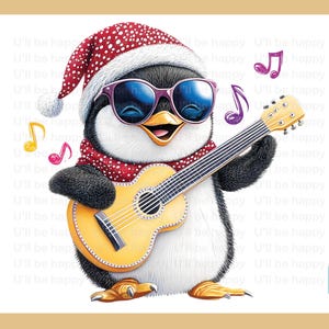 Festive Penguin Guitarist | Adorable Christmas Penguin with Santa Hat & Sunglasses | Holiday Wall Art Print for Kids Room or Nursery Decor
