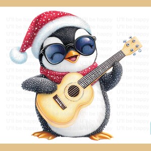 Festive Penguin Guitar Collection –3 PNG & 2 JPG Christmas Clipart Set,Perfect for Holiday DIY Projects, Cards and Gifts