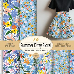 Peut inclure: Un ensemble de 16 papiers numériques avec un motif floral estival dans des tons de bleu, jaune, rose et vert. Les motifs sont sans couture et parfaits pour les projets d'artisanat, le scrapbooking et plus encore. Le texte "Summer Ditsy Floral" est affiché sur l'image.