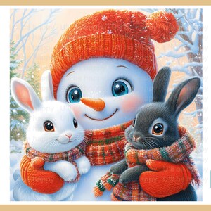 2PNG+JPG Lindo muñeco de nieve sosteniendo conejito | Arte de vacaciones de invierno | Descarga digital de Navidad, arte colgante de bricolaje, ropa, tarjetas de felicitación, regalos