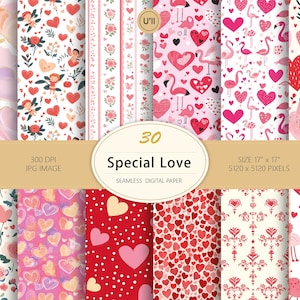 30 Seamless Valentine’s Day Illustrations–Flamants Roses et Rouges, Cœurs, Roses et Anges,Idéal pour Cartes, Papiers Cadeaux, Tissus et Plus