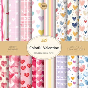 30 Motifs Sans Couture Colorés et Modernes Saint-Valentin-Cœurs Jeunes et Tendance-Téléchargement Numérique pour Cartes,Tissus,Papier Cadeau