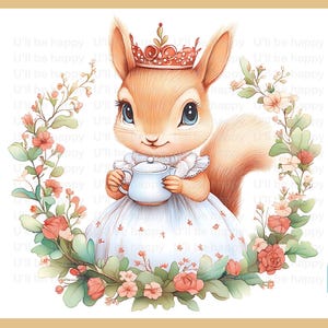 以下が含まれることがあります： 王冠と花柄の白いドレスを着て、白いティーポットを持ったかわいい漫画のリス。リスはピンクと緑の花に囲まれています。