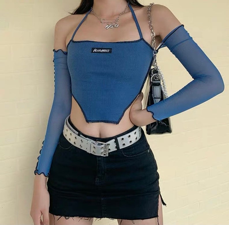 Blue off shoulder halter neck top mesh crop top Y2k 2000s e | Etsy