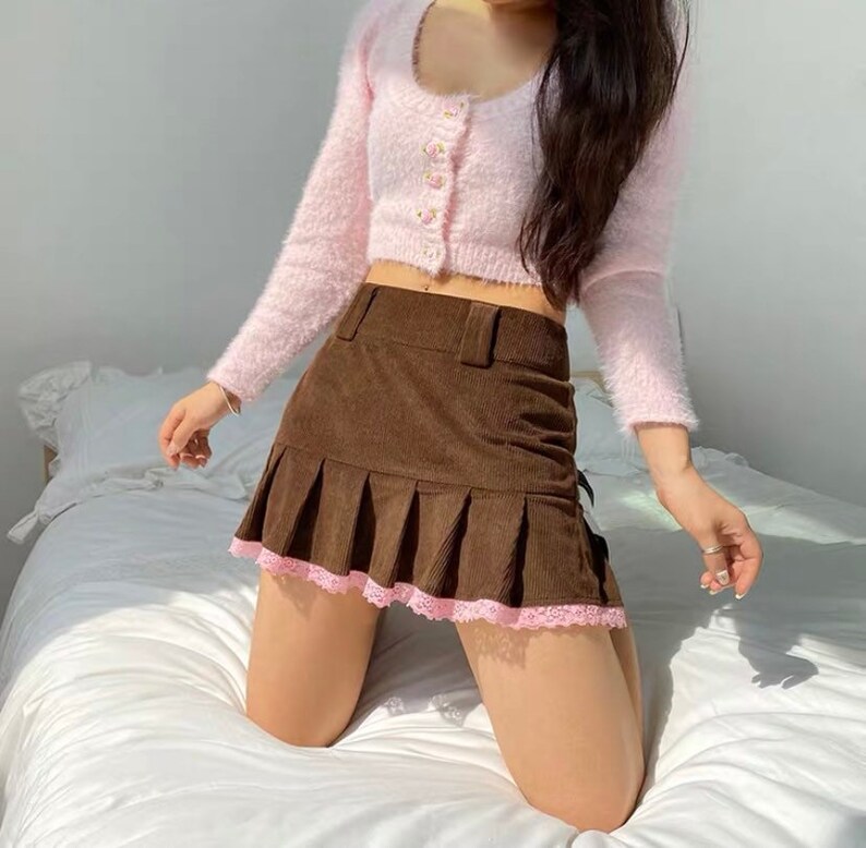 Brown Corduroy Y2K Pleated Skirts Women Vintage 90s Aesthetic School Girl Mini Skirt Lace Trim Hem Cute Kawaii