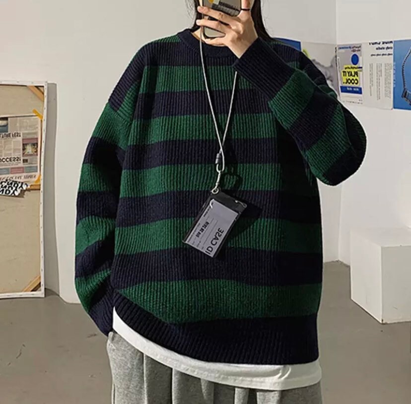 Y2k 2000s Korean Style Knitted Striped Sweater Oversized Pullovers Sw…
