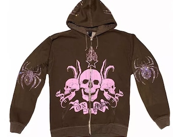 Women Rhinestone Spider Skull print  Streetwear Hoodies Women Coat Goth Harajuku Y2k aesthetic Clothes grunge Punk Jacket Zip-up