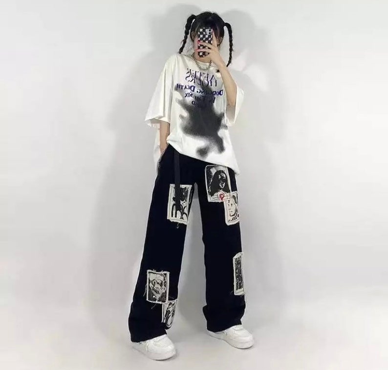 Grunge Punk Y2K 2000s Patchwork Black Jeans Hip Hop Streetwear Print Oversize Wide Leg Trousers 90s Vintage Harajuku cute trendy streetwear 