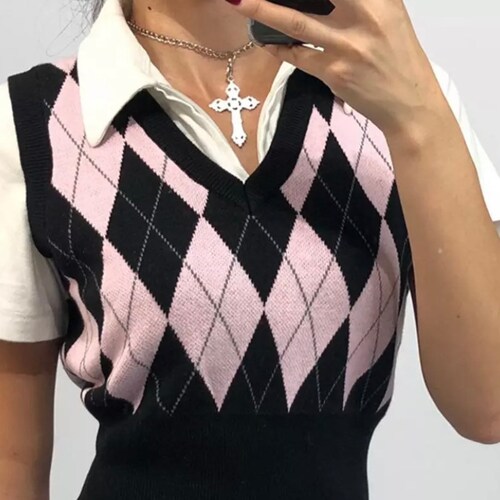 Vintage Y2K Crop Top Argyle Sweater 