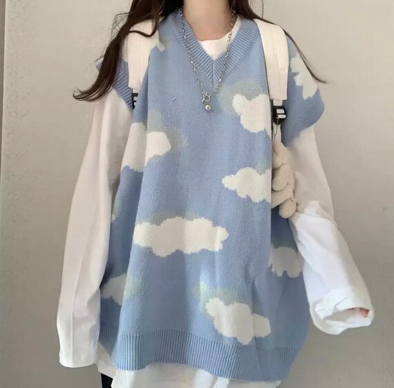 Y2k 2000s Blue Clouds Korean Style Sweater Vest Jumper | Etsy