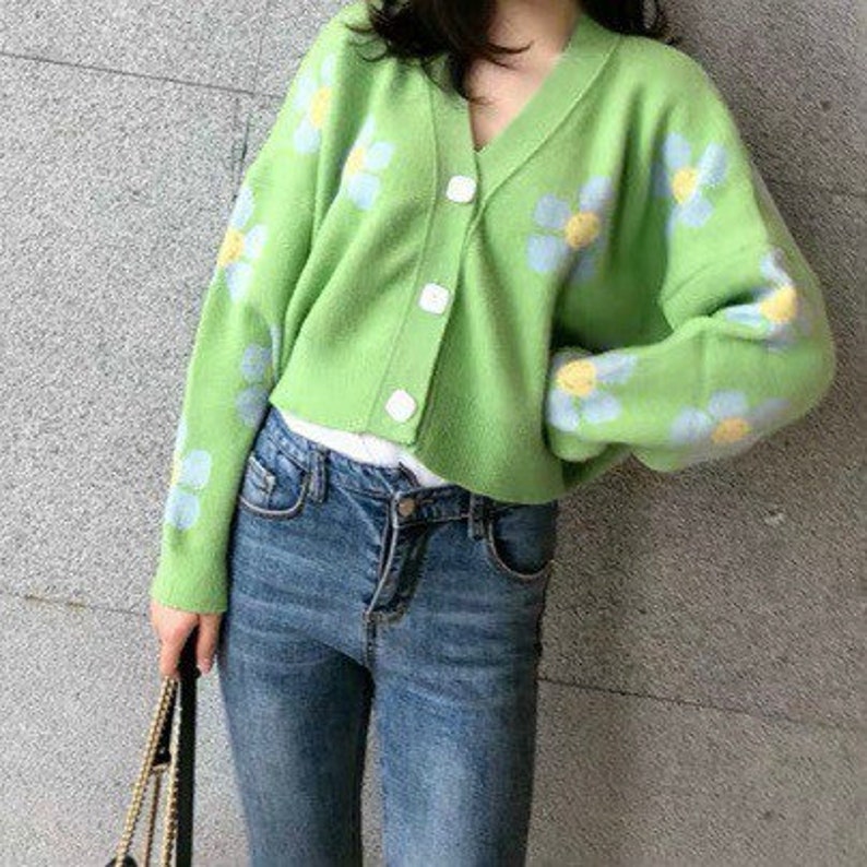 Gorgeous Colourful Flower Knit Green Blue Cardigan Sweater Y2k | Etsy