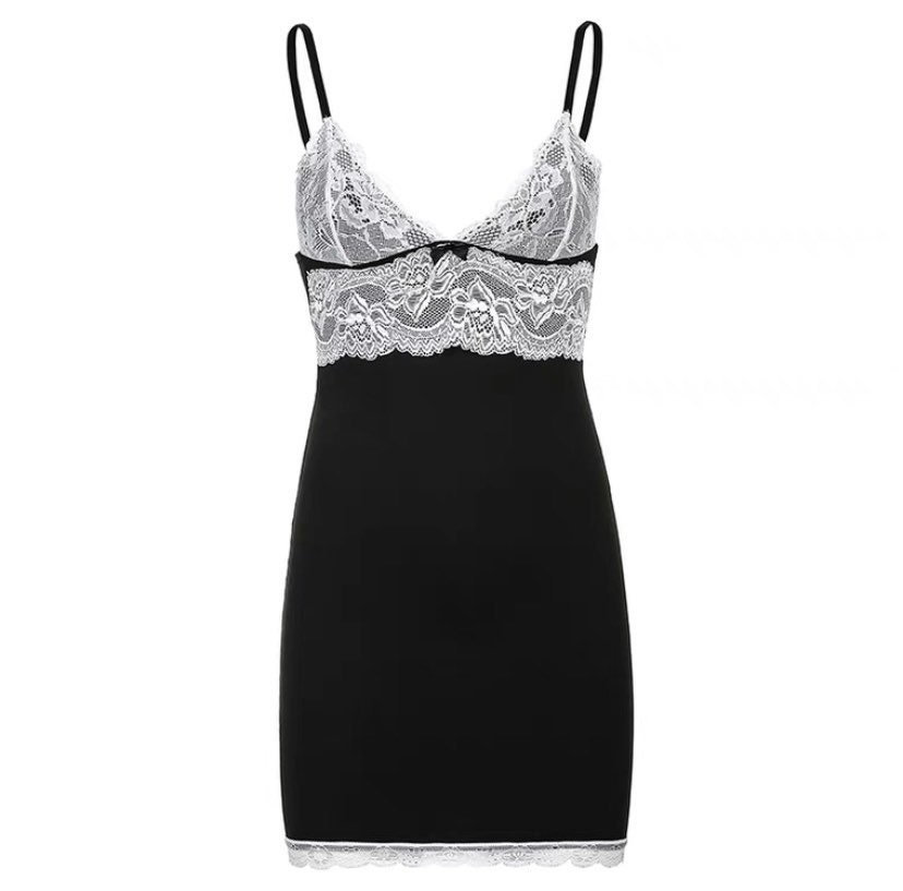 Vintage Style Deep V-neck Lace Trim White Black Dress 90s | Etsy