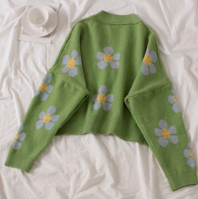 Gorgeous Colourful Flower Knit Green Blue Cardigan Sweater Y2K 2000s Oversized Funky Aesthetic Smiling Daisy Flower Floral Preppy Cardigan