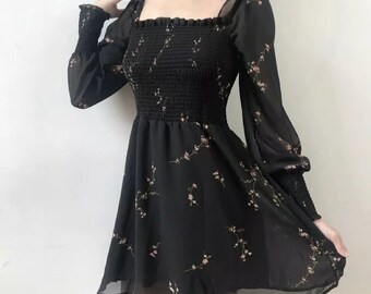 Sexy Black Dress Vintage Flower Long 