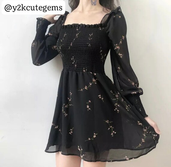 Sexy Black Dress Vintage Flower Long 