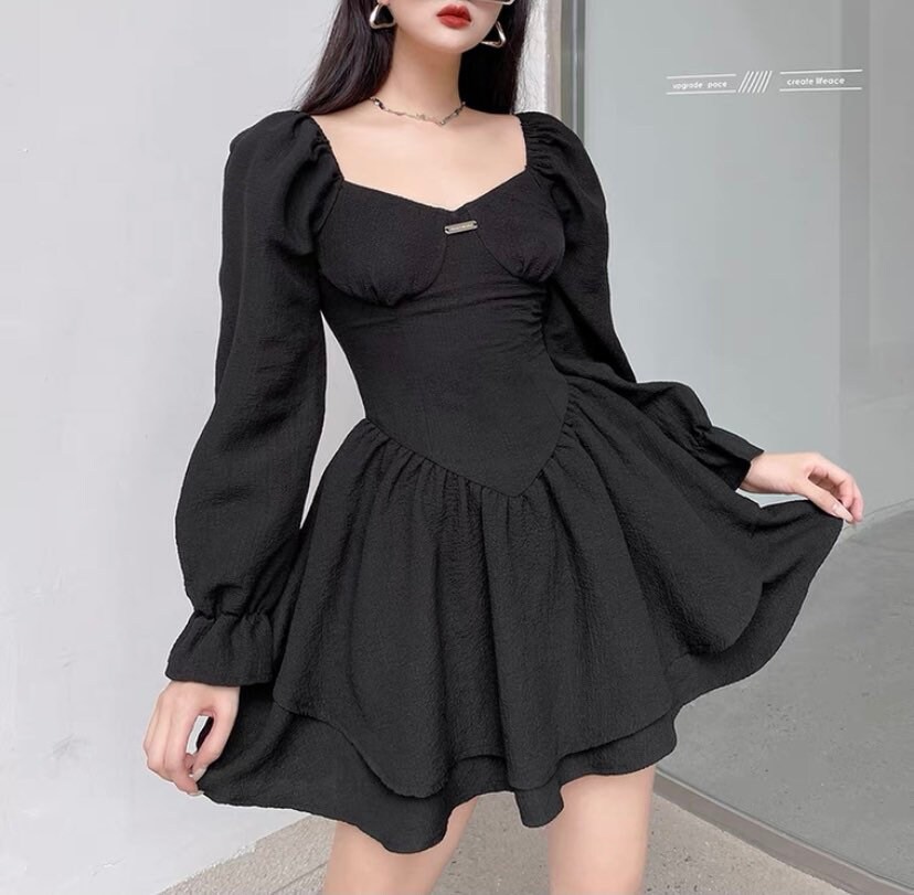 Elegant Puff Sleeve Black Dress Y2k 