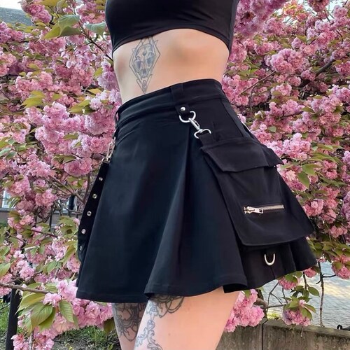 Black gothic mall skirt - Harajuku Punk Gothic Black High Waist Skirt Women Sexy Patchwork Bandage Mini Skirt Grunge Streetwear Y2k 2000s