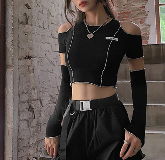 Y2k 2000s 90s E-girl Style Patchwork Crop Top Black Gothic One