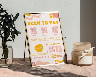 Escanear para pagar plantilla editable, escanear y pagar signo, plantilla de signo de código QR imprimible, escanear para pagar signo, plantilla de pago, plantilla Canva