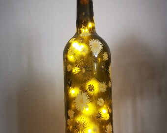 SALE PRICE * Beautiful hippy flower hand painted bottle light - ideal for garden or home - unique hand made gifts