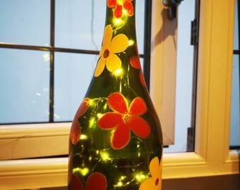 SOLD - CUSTOM MADE similar designs still available * Beautiful hand painted flower bottle light - Boho Hippy - home made gift
