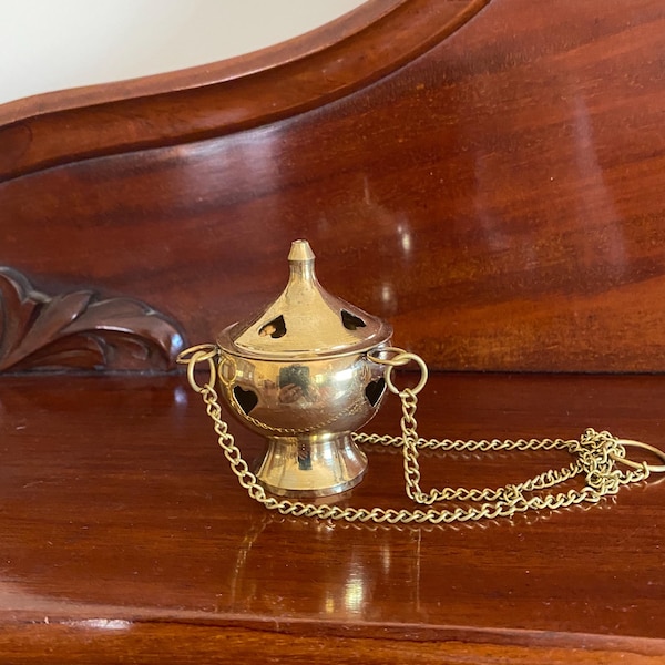 Vintage very small hanging brass incense burner with lid, heart cutouts, meditation, relaxation, country farmhouse decor, rustic decor