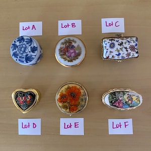 Vintage choice of small, round, hinged floral or romantic scene ceramic or metal trinket box/pill box/ring box with lid, gift for him/her