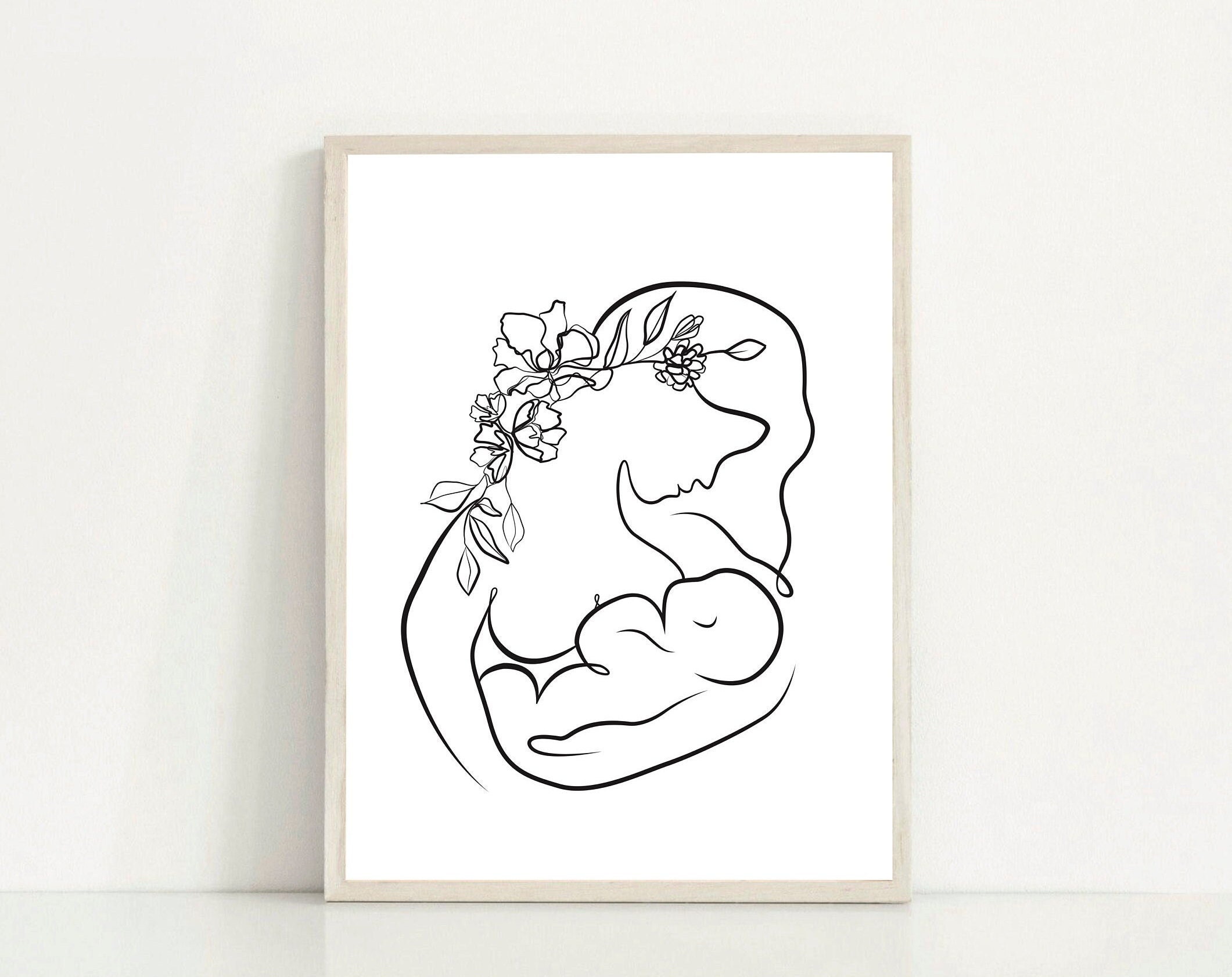 Flower Wreath Breastfeeding Mother Personalised Line Art Print Etsy UK