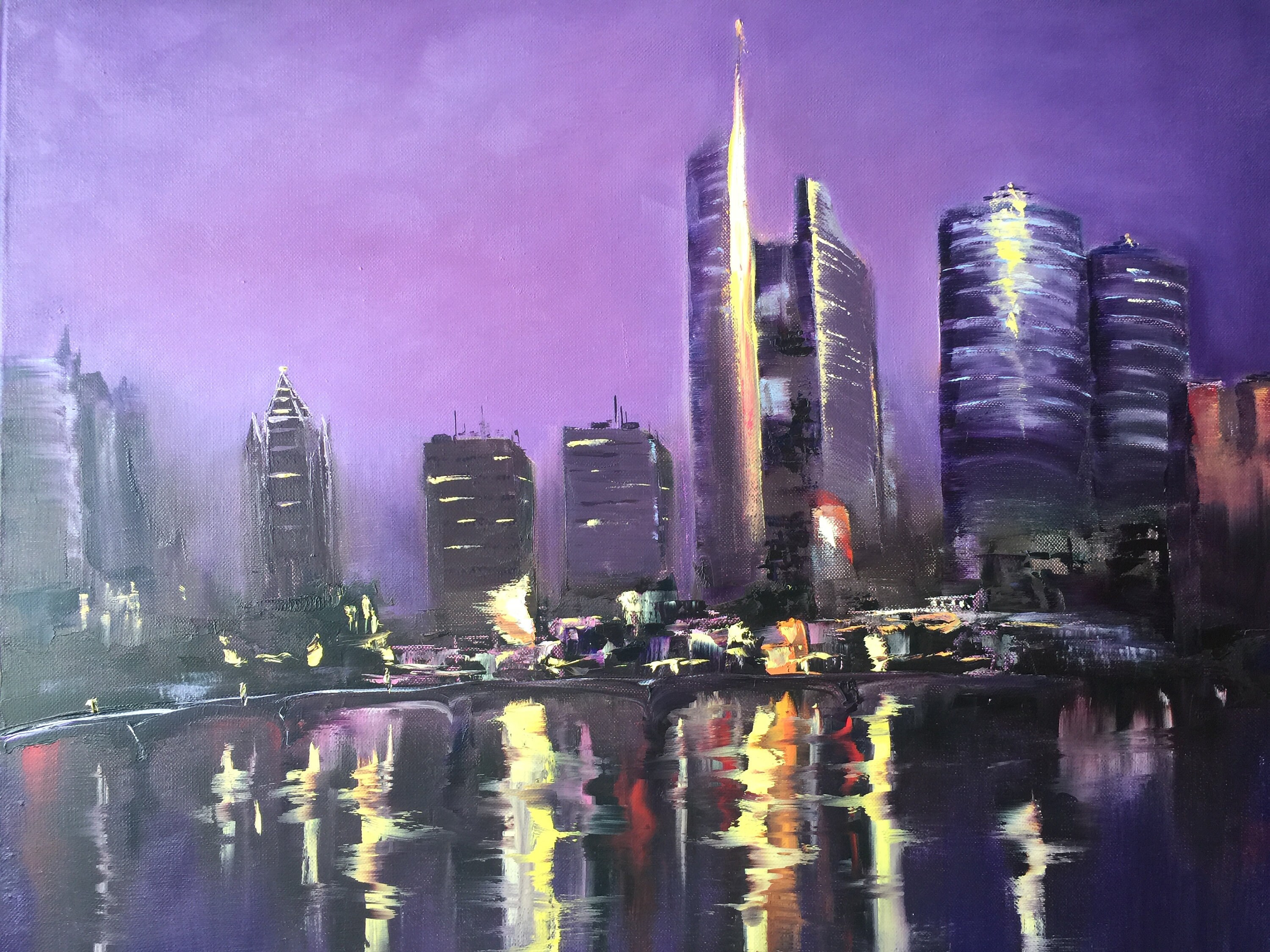 Night City Painting Original Oil Canvas Art Colorful Lights Etsy