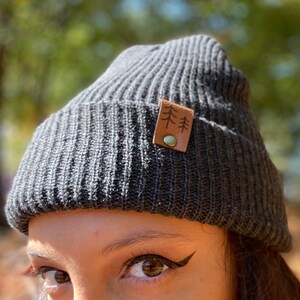Knit Beanie with Leather Label Tag Autumn/Winter/Spring Hat Camping Beanie image 2