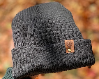 Knit Beanie with Leather Label Tag - Autumn/Winter/Spring Hat - Camping Beanie
