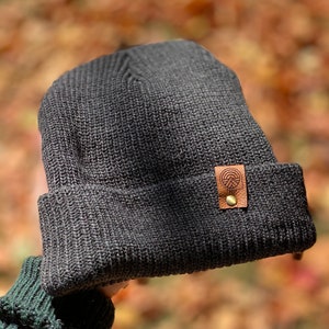 Knit Beanie with Leather Label Tag Autumn/Winter/Spring Hat Camping Beanie image 1
