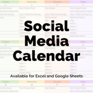 May include: A blurred image of a social media calendar template with the text "Social Media Calendar" in bold black letters. The text "Available for Excel and Google Sheets" is below the title.