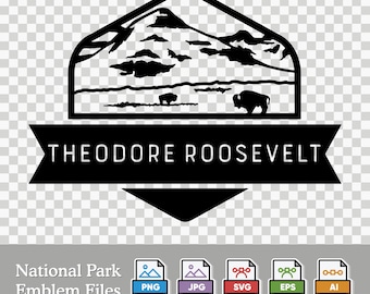 May include: Black and white illustration of a mountain range with a bison in the foreground. The text "THEODORE ROOSEVELT" is displayed on a banner below the image. National Park Emblem Files: PNG, JPG, SVG, EPS, AI.