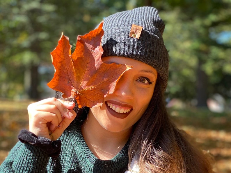 Knit Beanie with Leather Label Tag Autumn/Winter/Spring Hat Camping Beanie image 5