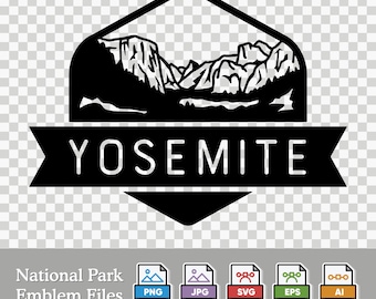 May include: Black and white illustration of a mountain range with the word "Yosemite" in a banner below. The illustration is in the shape of a hexagon with a pointed bottom. The image is a National Park Emblem File available in PNG, JPG, SVG, EPS, and AI formats.