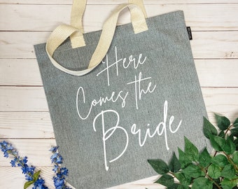 Here Comes the Bride & Bridesmaid Tote - Recycled Canvas Gray Tote Bag - Handmade