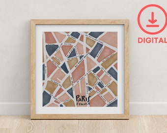 Paris Illustrated Map - Art Print Poster - Digital Download
