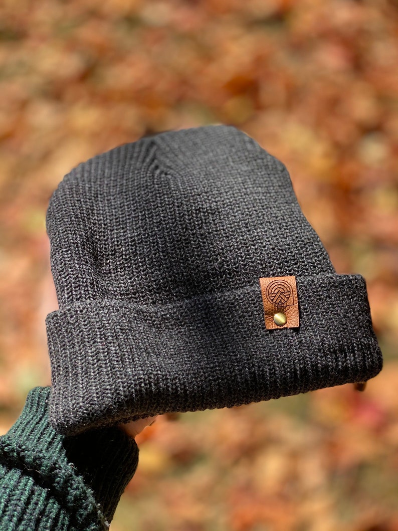 Knit Beanie with Leather Label Tag Autumn/Winter/Spring Hat Camping Beanie image 1