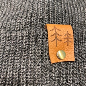 Knit Beanie with Leather Label Tag Autumn/Winter/Spring Hat Camping Beanie Pine Trees