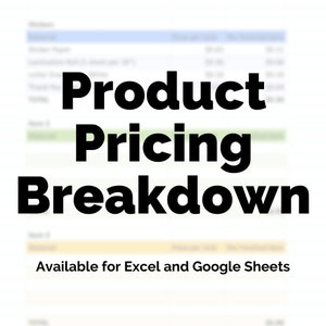 May include: A black and white image with the text "Product Pricing Breakdown" in bold, large font. The text "Available for Excel and Google Sheets" is below the main text in a smaller font.
