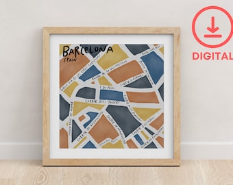 Barcelona Illustrated Map - Art Print Poster - Digital Download