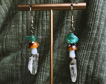 forest fairy earrings | mushroom, clear quartz & aventurine